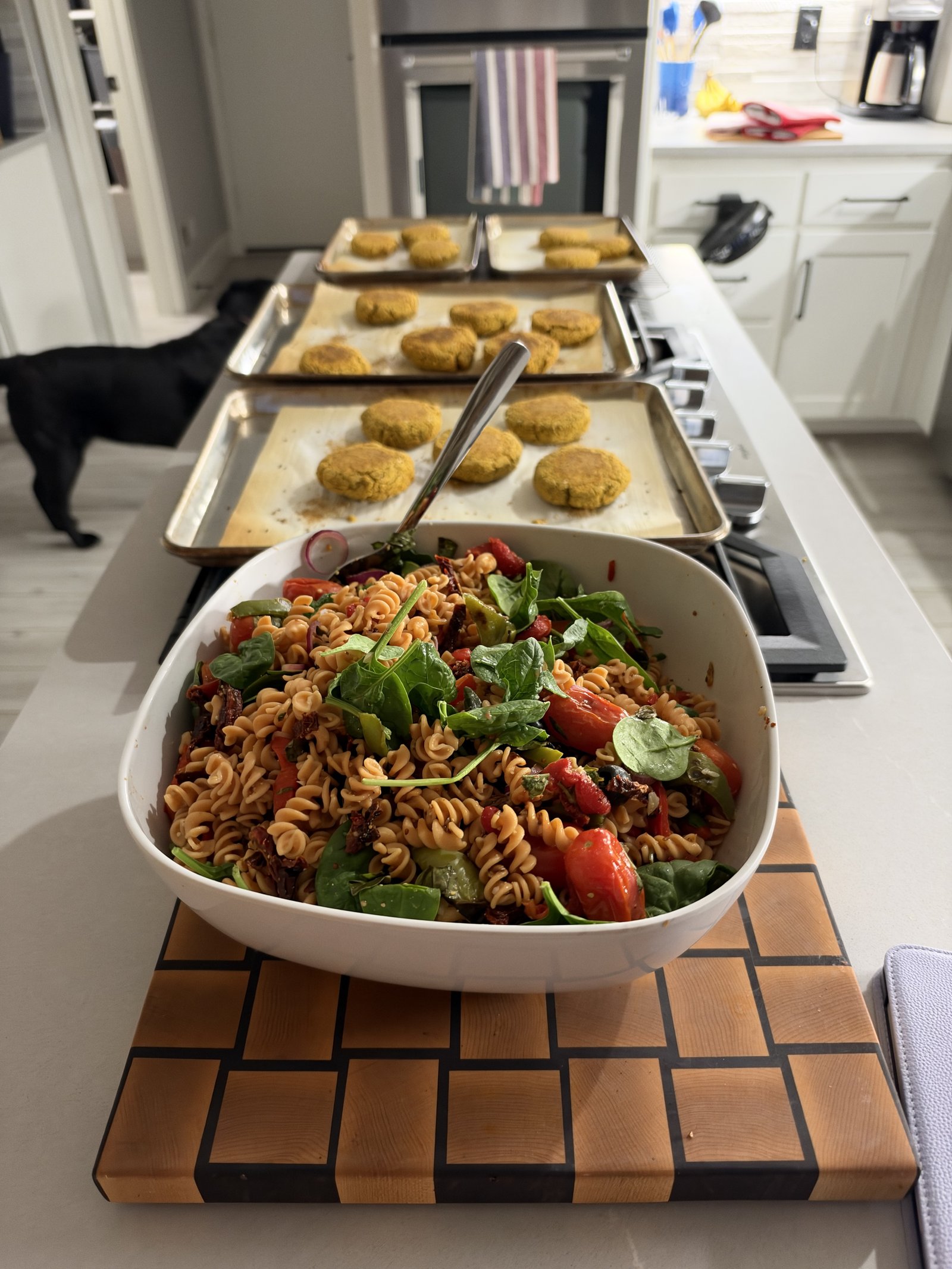 A big white bowl of red lentil rotini pasta salad with slow-roasted Roma tomatoes, roasted red and green peppers, sun-dried tomatoes, black olives, and baby spinach, with sheet pans of golden baked herb chickpea patties lined up behind it